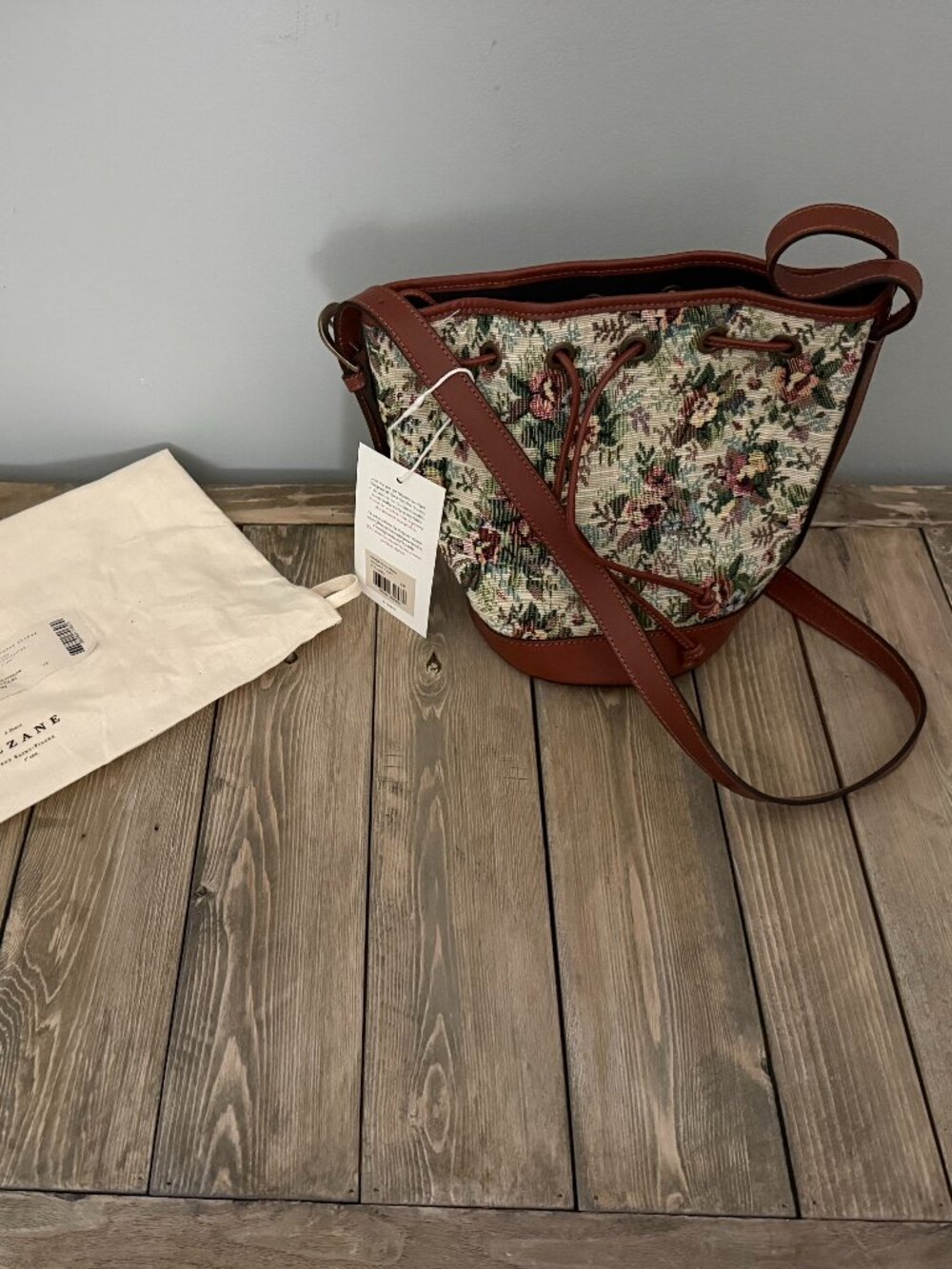 Sézane Floral Tapestry Bucket Bag Brown Leather Crossbody NWT